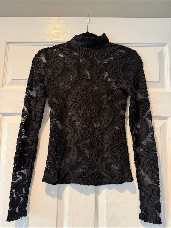 No name Tops - Black Flocked Lace Mock Neck Long Sleeve Top Size XS